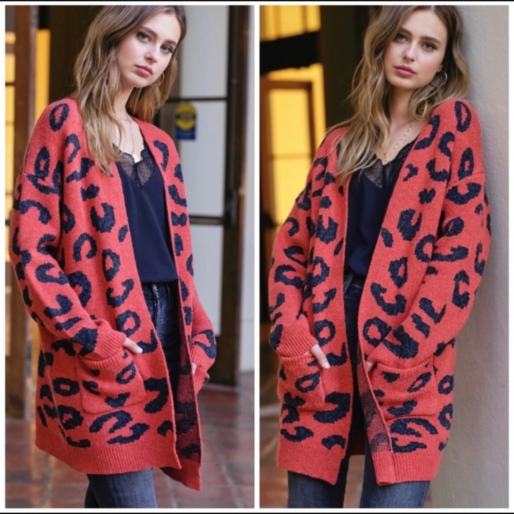 Red & Navy Leopard Print Oversized Soft Knit Cardigan